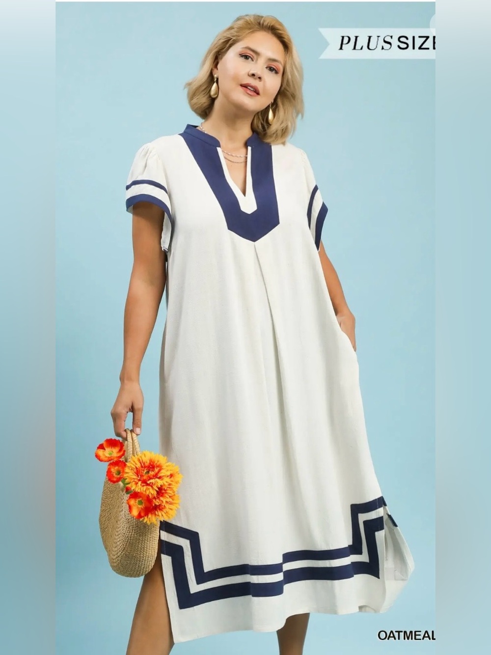 New! Umgee Linen Cotton Contrast Neckline Midi Contrast Trim Plus Size Dress 1X